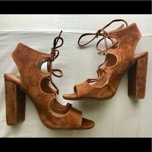 Steve Madden Camel Suede Lace-up Block Heels